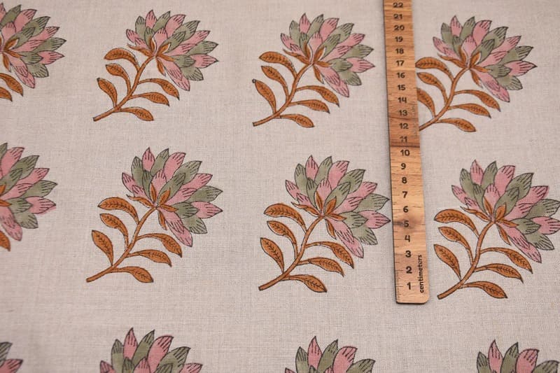 Aristan Handmade Block Print Pink Floral Pure Linen Fabric - Summer Flower