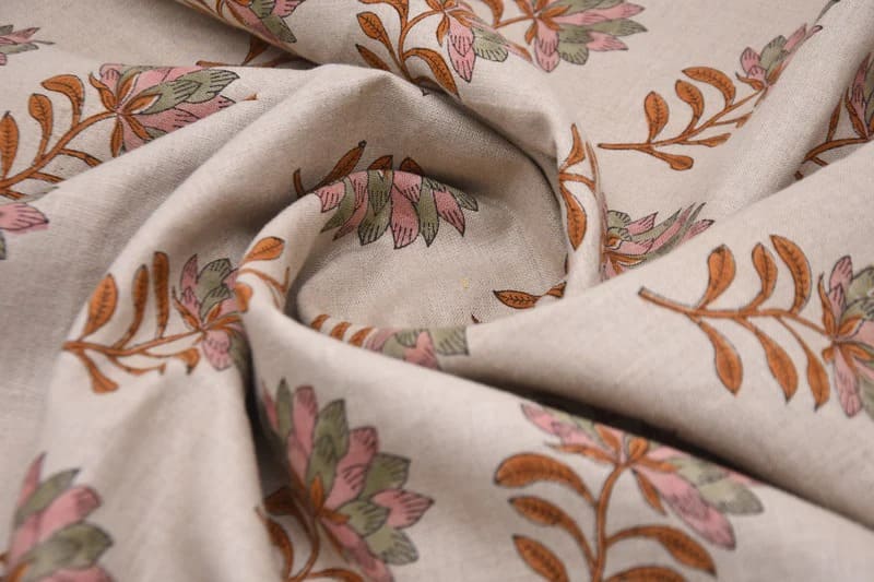 Aristan Handmade Block Print Pink Floral Pure Linen Fabric - Summer Flower
