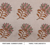 Aristan Handmade Block Print Pink Floral Pure Linen Fabric - Summer Flower