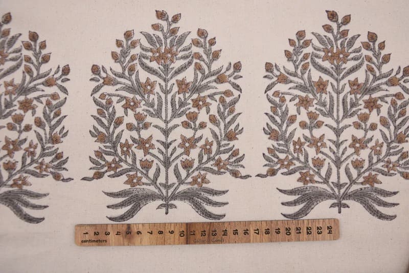 Aristan Hand Block Print Brown Floral  Duck Canvas Fabric - Vrindavan