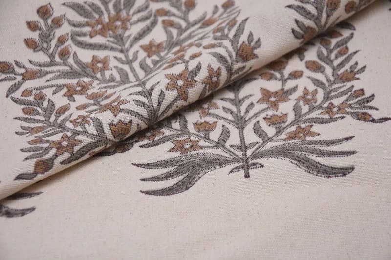 Aristan Hand Block Print Brown Floral  Duck Canvas Fabric - Vrindavan