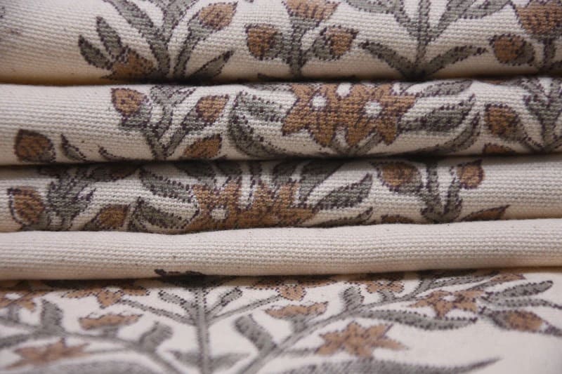 Aristan Hand Block Print Brown Floral  Duck Canvas Fabric - Vrindavan