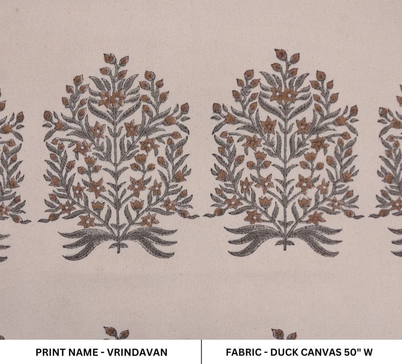 Aristan Hand Block Print Brown Floral  Duck Canvas Fabric - Vrindavan