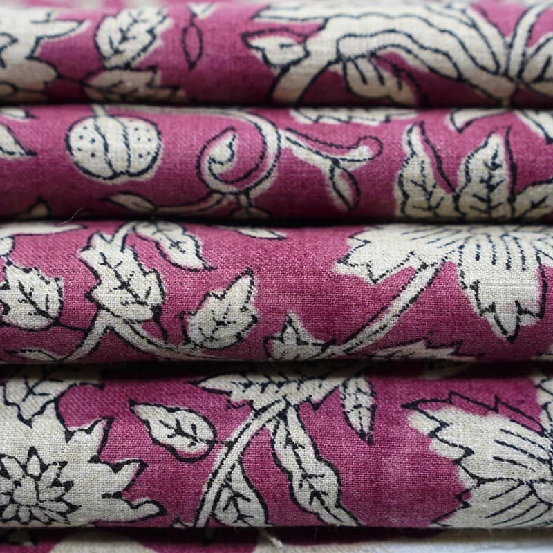 Indian Aristan Hand Block Print Pink Linen Blend Fabric - Manikarnika