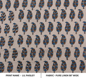 Aristan Handmade Block Print Blue Pure Linen Fabric - Lil Paisley