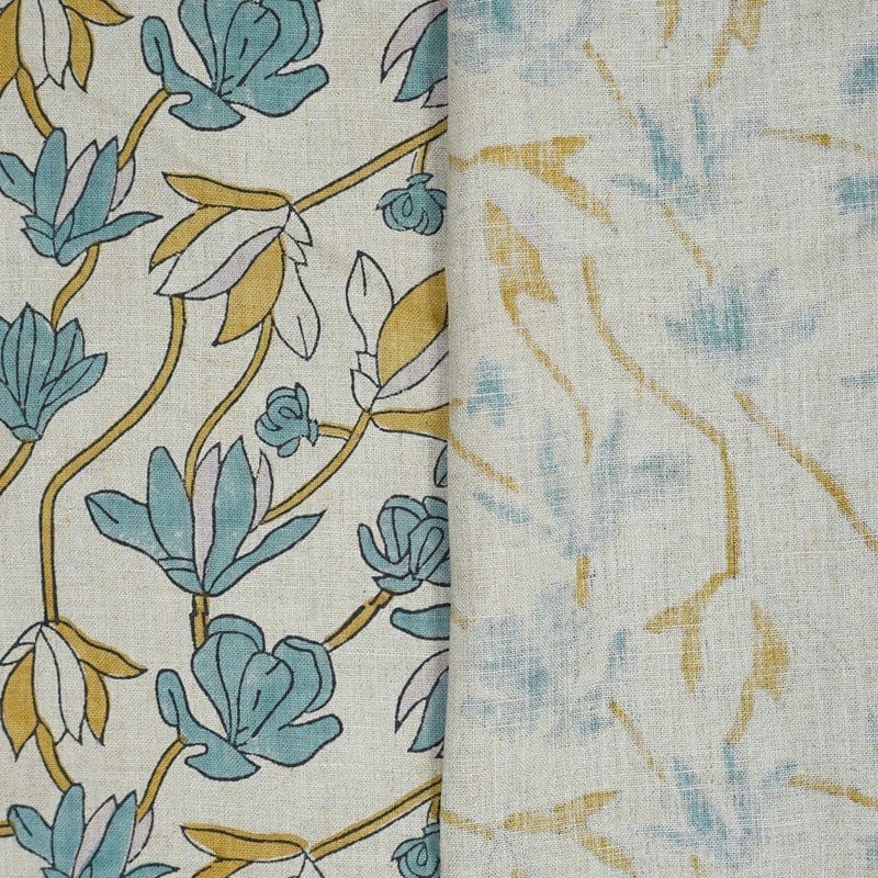 Indian Hand Block Print Light Blue Floral  Pure Linen Fabric - Shivri