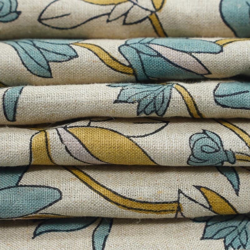 Indian Hand Block Print Light Blue Floral  Pure Linen Fabric - Shivri