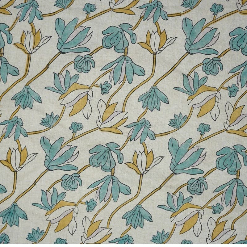 Indian Hand Block Print Light Blue Floral  Pure Linen Fabric - Shivri