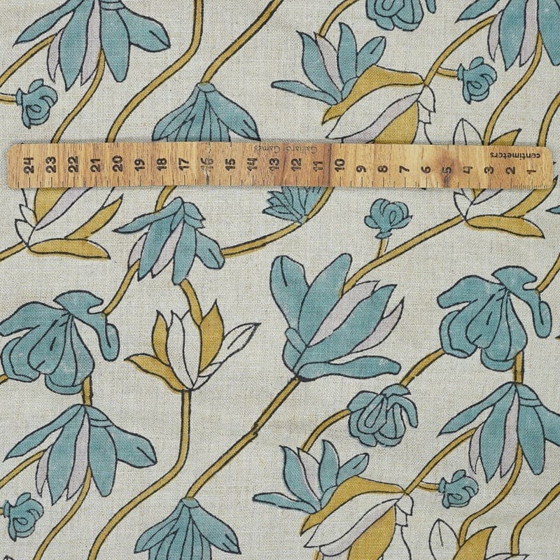 Indian Hand Block Print Light Blue Floral  Pure Linen Fabric - Shivri