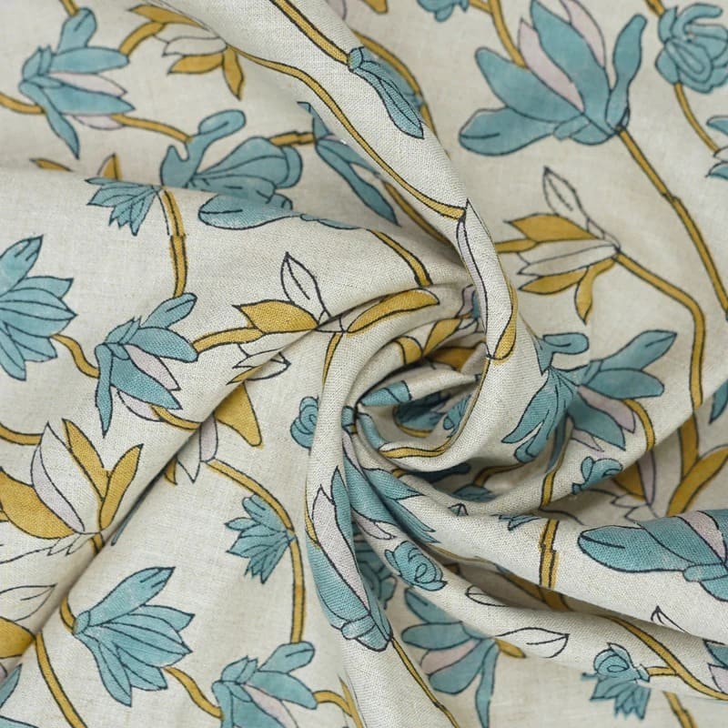Indian Hand Block Print Light Blue Floral  Pure Linen Fabric - Shivri
