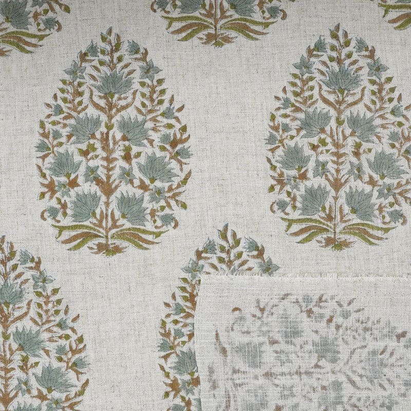Aristan Block Print Beige & Sage Green Viscose Linen Fabric - Kumud