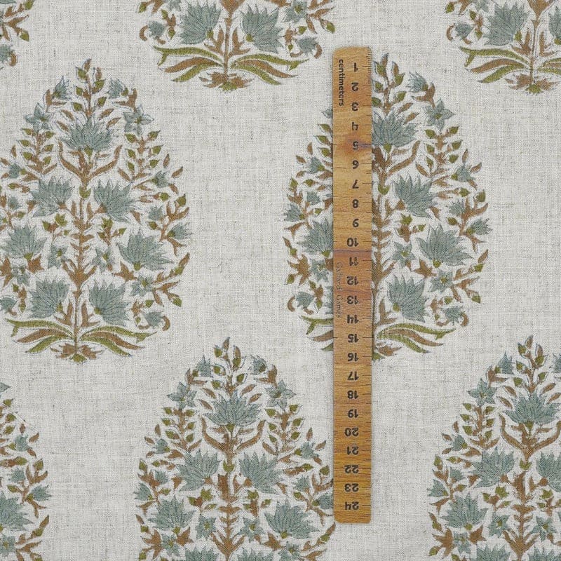 Aristan Block Print Beige & Sage Green Viscose Linen Fabric - Kumud
