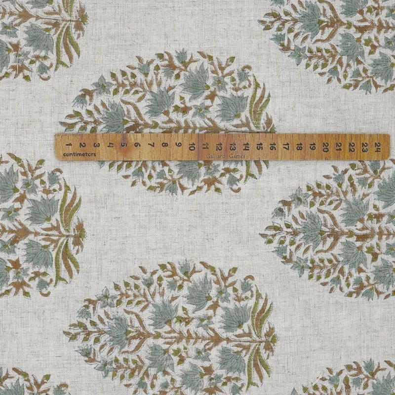 Aristan Block Print Beige & Sage Green Viscose Linen Fabric - Kumud