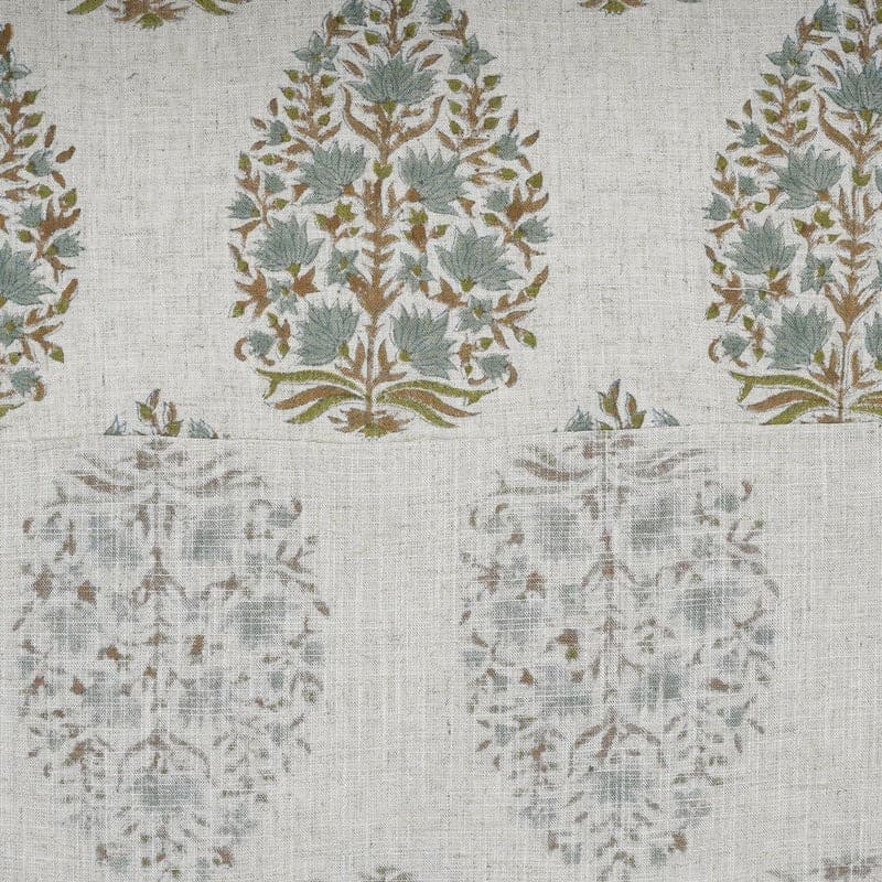 Aristan Block Print Beige & Sage Green Viscose Linen Fabric - Kumud