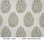 Aristan Block Print Beige & Sage Green Viscose Linen Fabric - Kumud