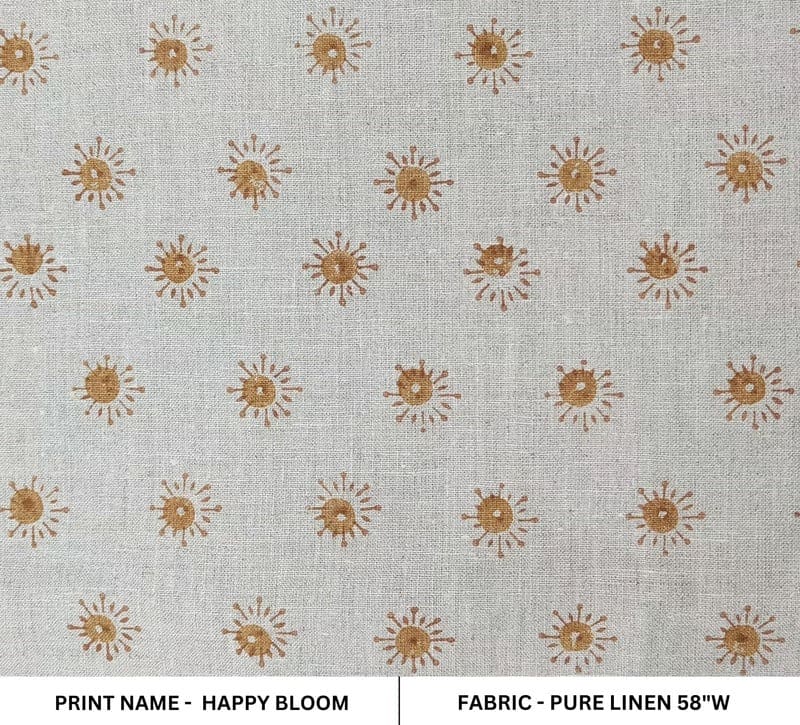 Handmade Block Print Mustard Floral Pure Linen Fabric - Happy Bloom
