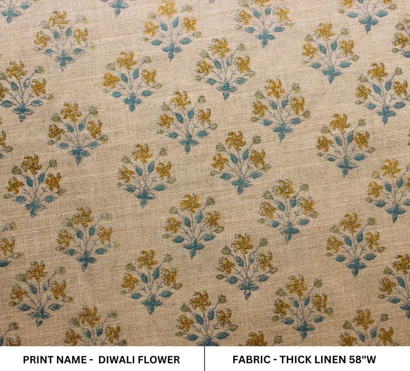 Handmade Block Print Mustard Thick Linen Fabric - Diwali Flower