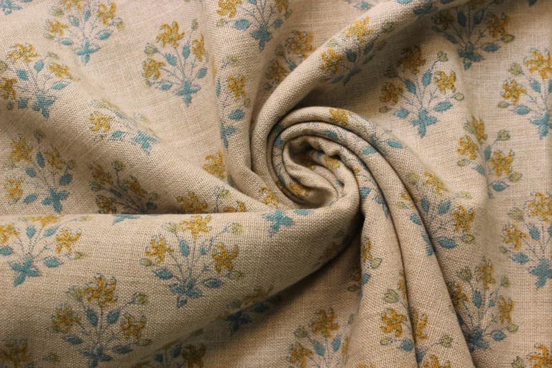 Handmade Block Print Mustard Thick Linen Fabric - Diwali Flower