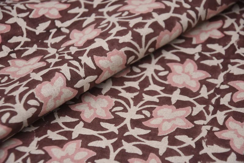 Aristan Hand Block Print Pink Pure Linen Fabric - Chudamani