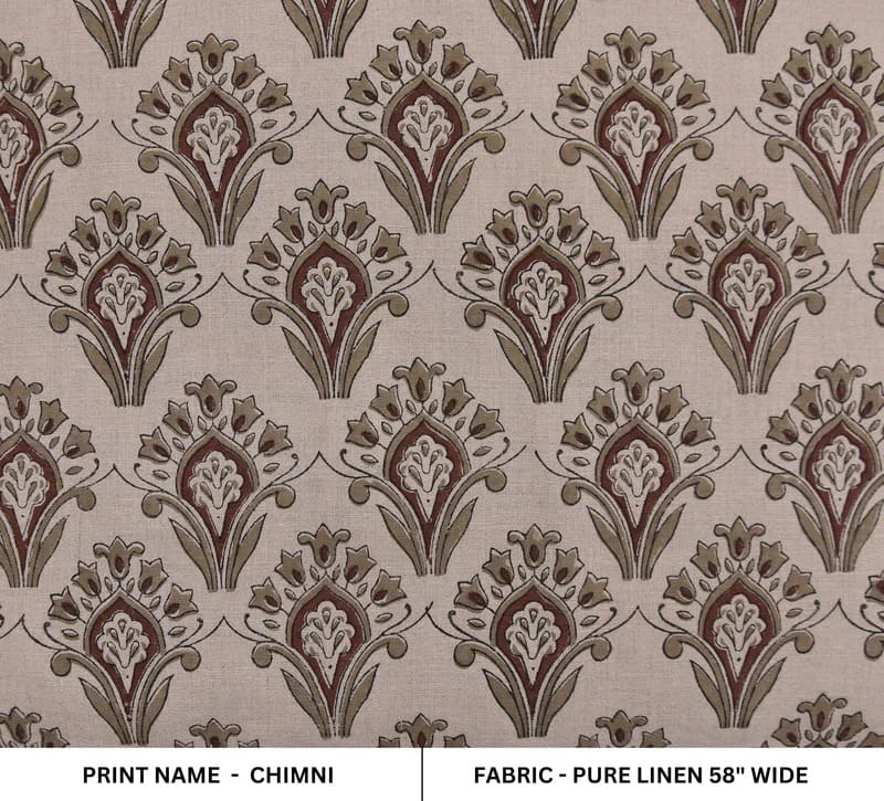 Premium Hand Block Print Brown Pure linen 58W Fabric - Chimini