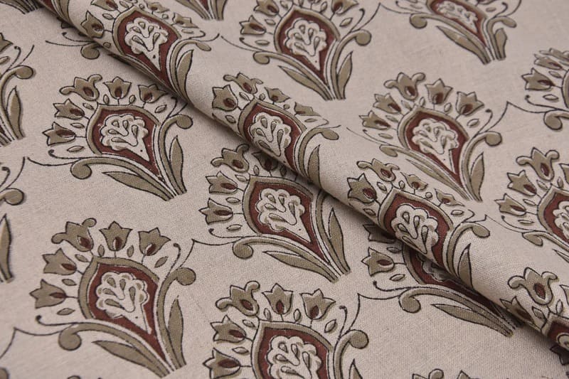 Premium Hand Block Print Brown Pure linen 58W Fabric - Chimini