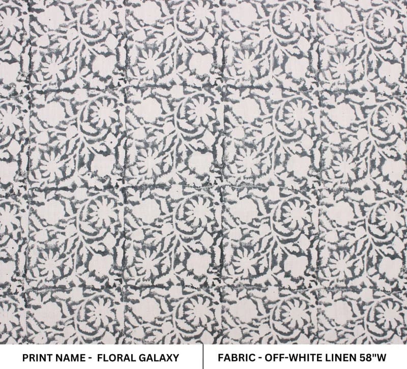 Aristnal Hand Block Print Grey Off White Linen Fabric - Floral Galaxy