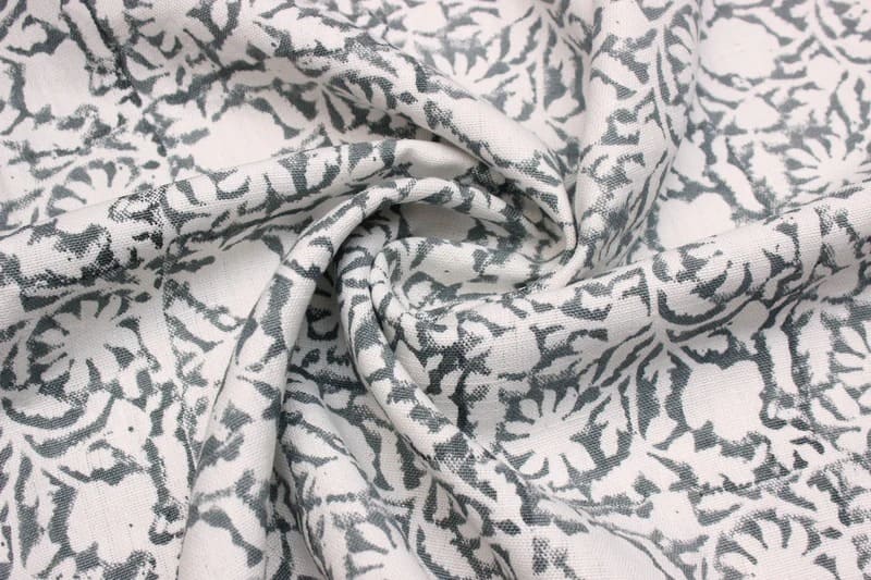 Aristnal Hand Block Print Grey Off White Linen Fabric - Floral Galaxy
