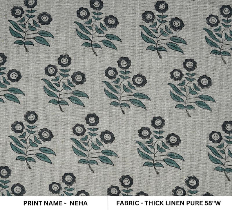 Handmade Block Print Grey Thick Linen Pure Fabric 58W - Neha