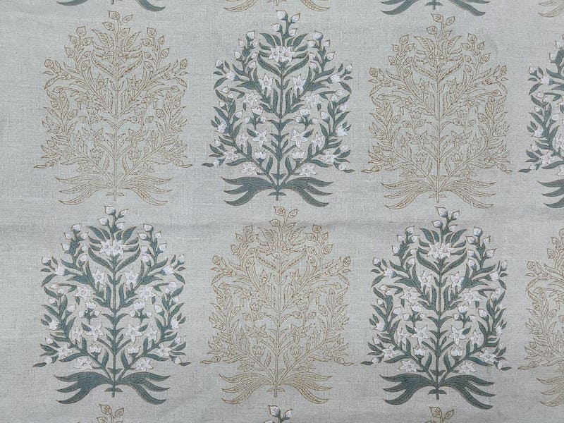 Aristnal Handmade Block Print Gray Pure Linen Fabric - Vrindavan