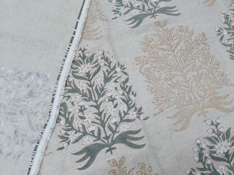 Aristnal Handmade Block Print Gray Pure Linen Fabric - Vrindavan