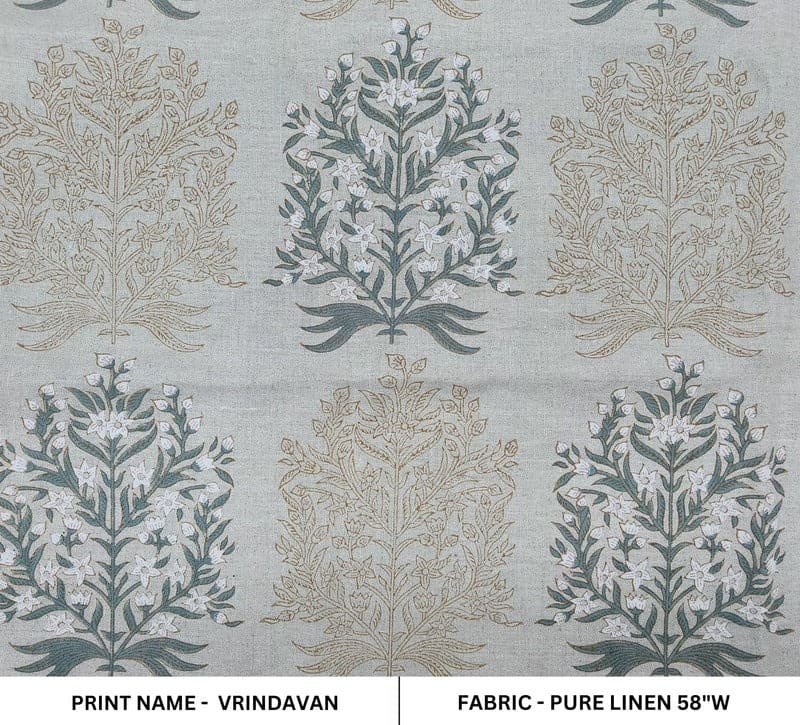 Aristnal Handmade Block Print Gray Pure Linen Fabric - Vrindavan