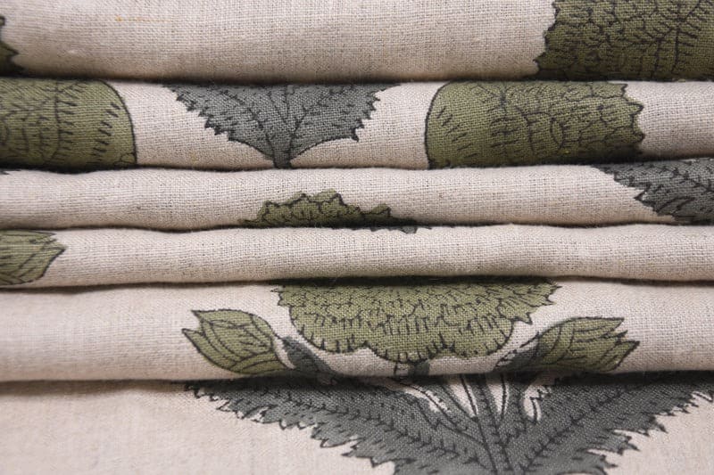 Aristnal Handmade Block Print Sage Green Pure linen Fabric - Badshah