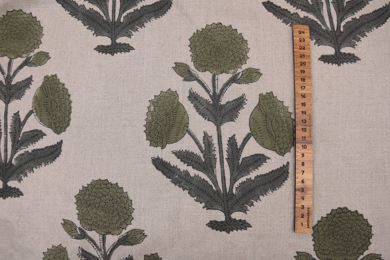 Aristnal Handmade Block Print Sage Green Pure linen Fabric - Badshah