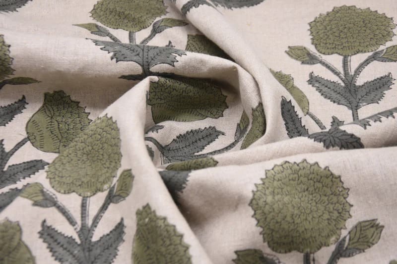 Aristnal Handmade Block Print Sage Green Pure linen Fabric - Badshah