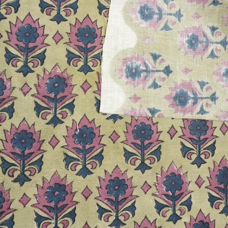 Aristnal Hand Block Print Blue Floral Pure Linen Fabric - Kusum