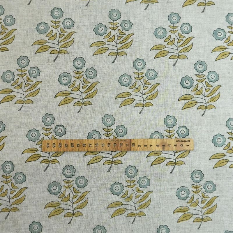 Arsitan Handmade  Block Printed Blue Floral Viscose Linen Fabric - Neha
