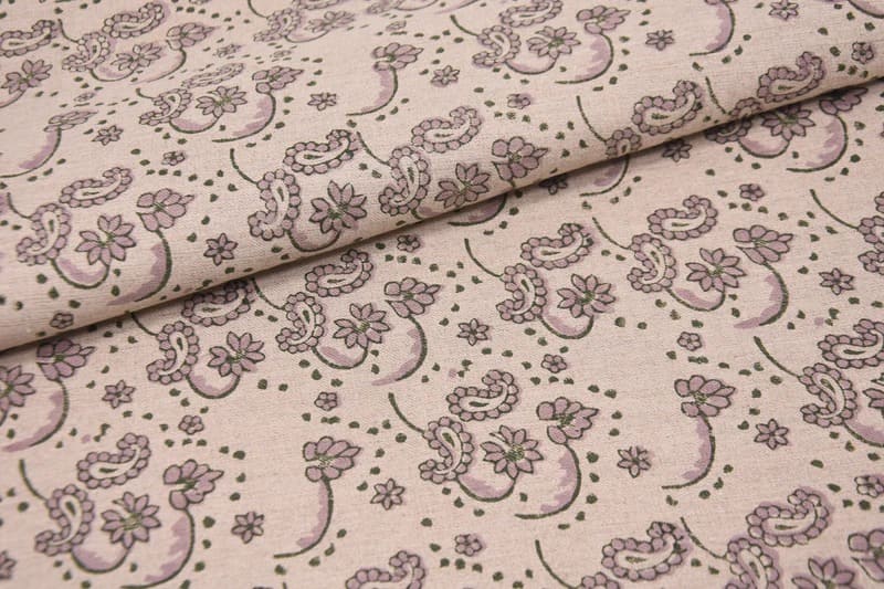 Hand Block Printed Green & Rosy Pink Pure Linen Duck Canvas Fabric  – Sajawat