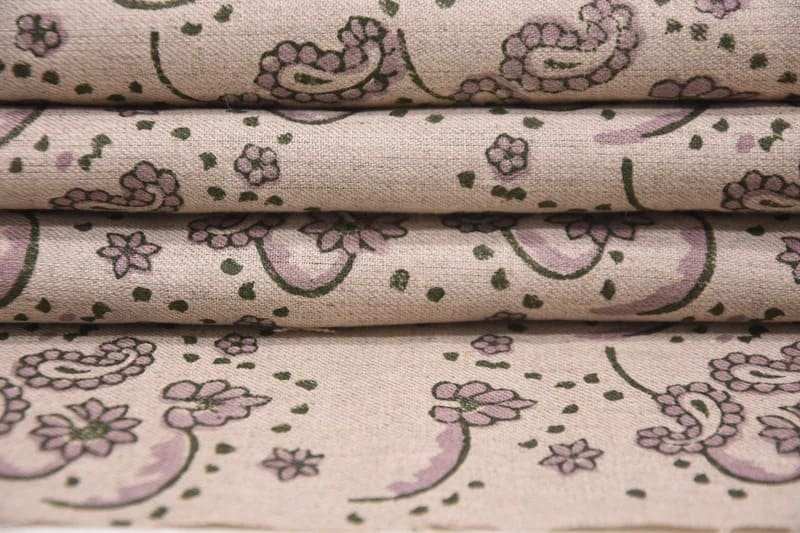 Hand Block Printed Green & Rosy Pink Pure Linen Duck Canvas Fabric  – Sajawat