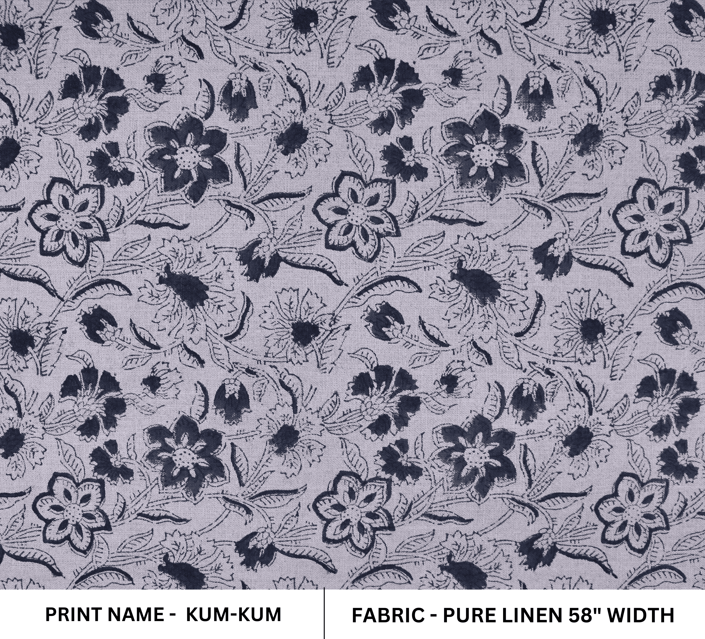 Block Print Blue Floral Pure Linen Fabric - Kumkum