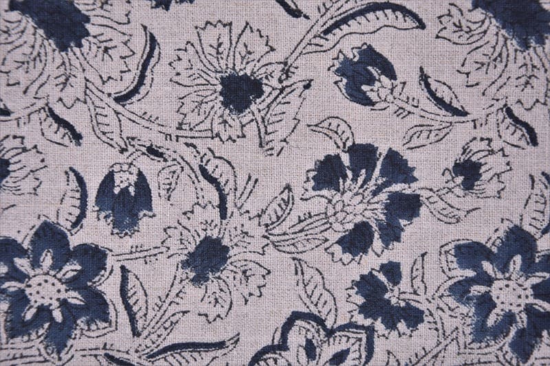 Block Print Blue Floral Pure Linen Fabric - Kumkum
