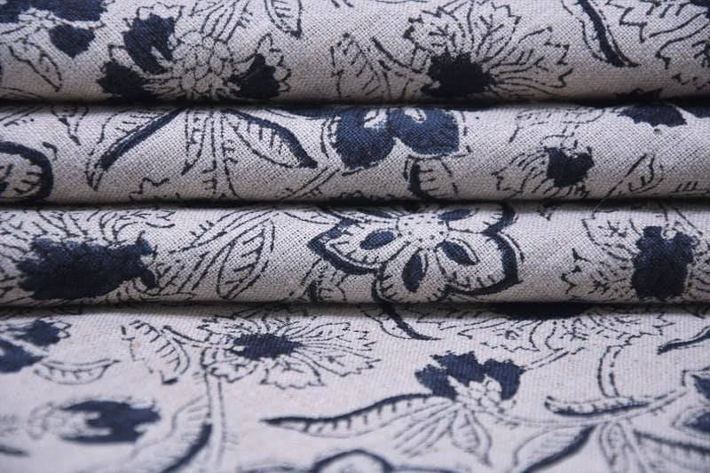 Block Print Blue Floral Pure Linen Fabric - Kumkum