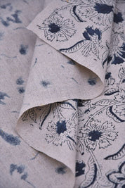 Block Print Blue Floral Pure Linen Fabric - Kumkum