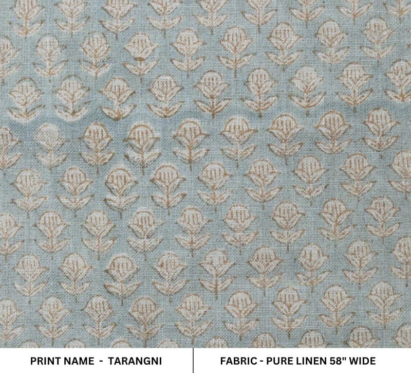 Hand Block Print Pastel Blue & Beige Pure Linen Fabric - Tarangni