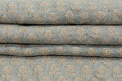 Hand Block Print Pastel Blue & Beige Pure Linen Fabric - Tarangni