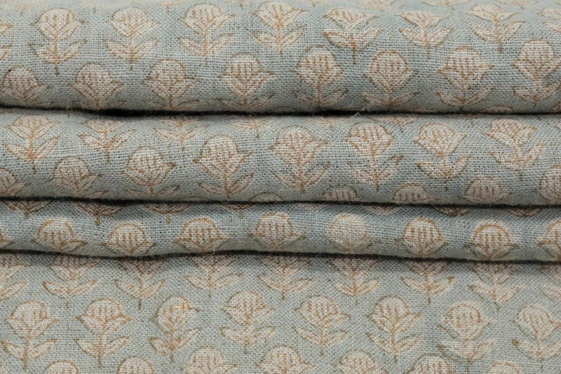 Hand Block Print Pastel Blue & Beige Pure Linen Fabric - Tarangni