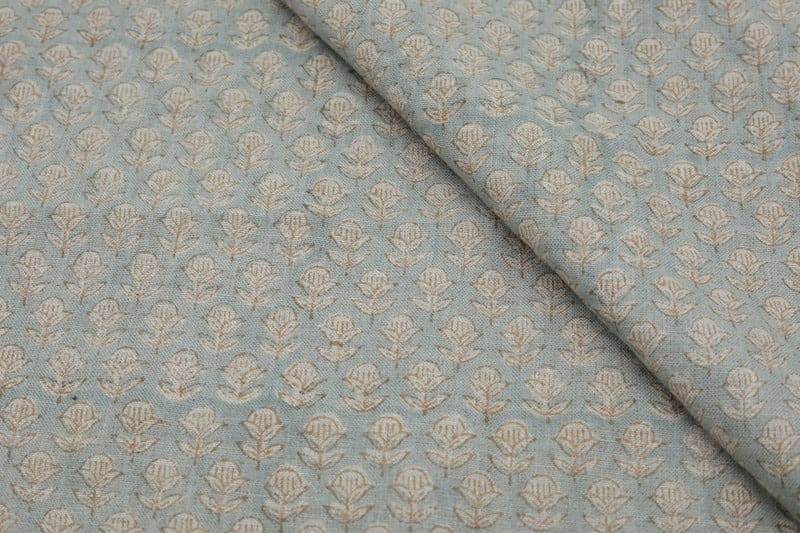 Hand Block Print Pastel Blue & Beige Pure Linen Fabric - Tarangni