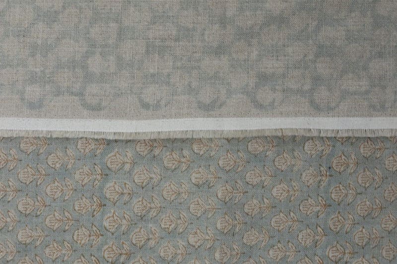 Hand Block Print Pastel Blue & Beige Pure Linen Fabric - Tarangni