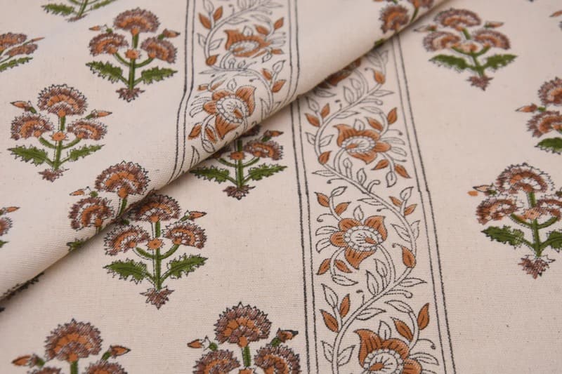 Artisan Hand Block Print Mustard Duck Canvas Fabric - Traffic Border