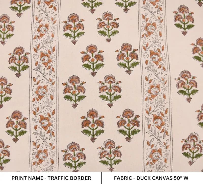 Artisan Hand Block Print Mustard Duck Canvas Fabric - Traffic Border