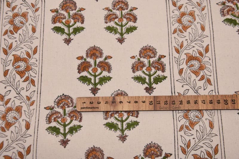 Artisan Hand Block Print Mustard Duck Canvas Fabric - Traffic Border